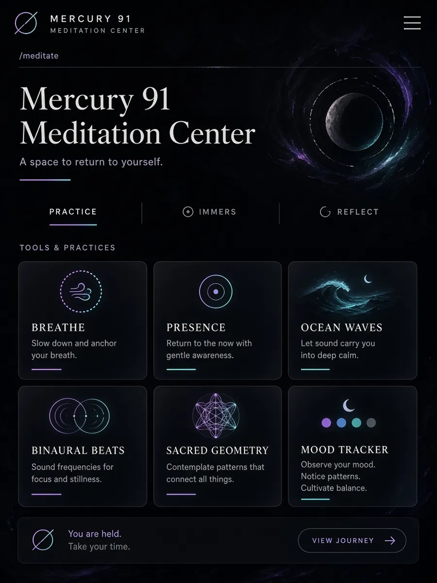 Meditation Center tool cards for Breathe, Ocean Waves, and Binaural Beats