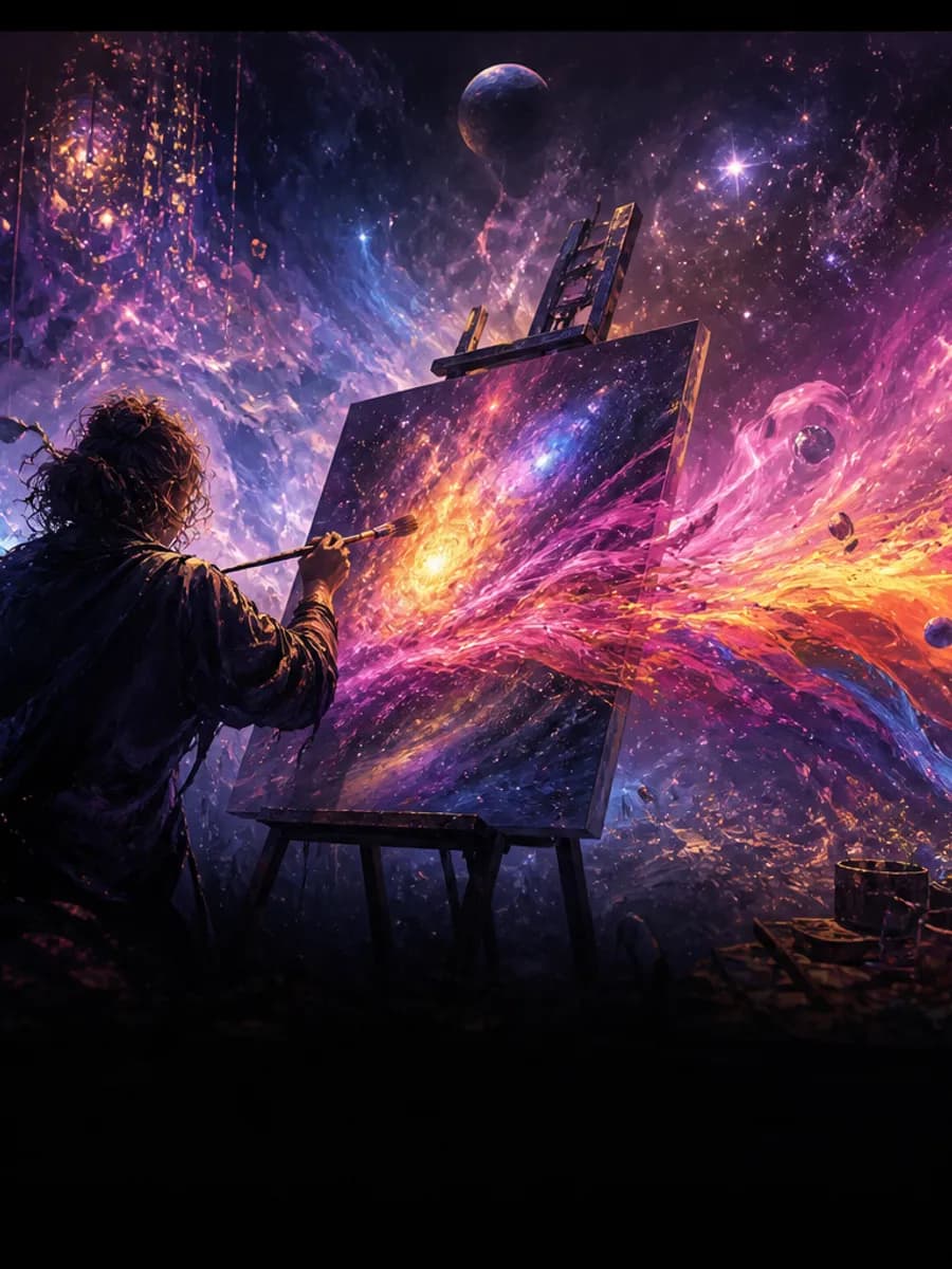 Digital canvas cosmic painting with violet and gold strokes