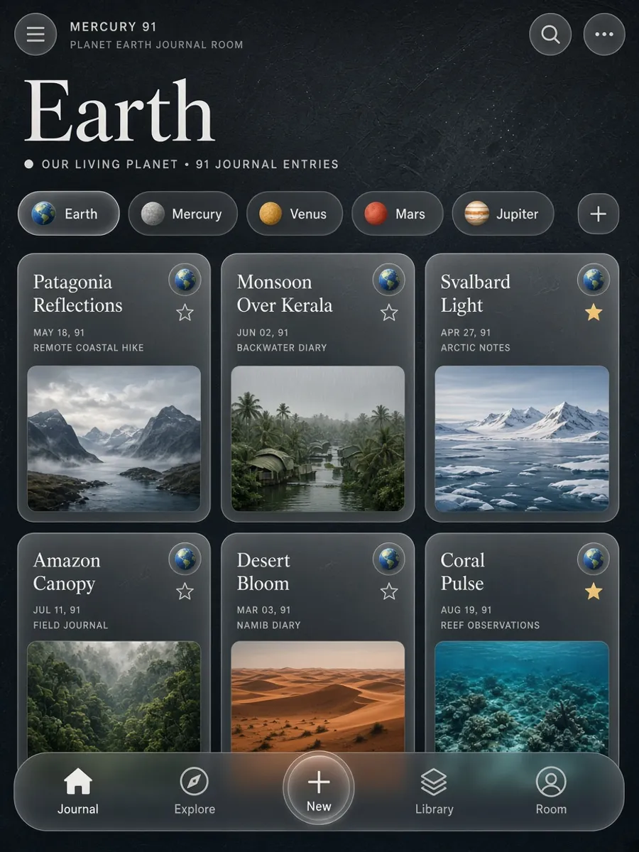 Earth planet journal room with frosted multimedia journal cards