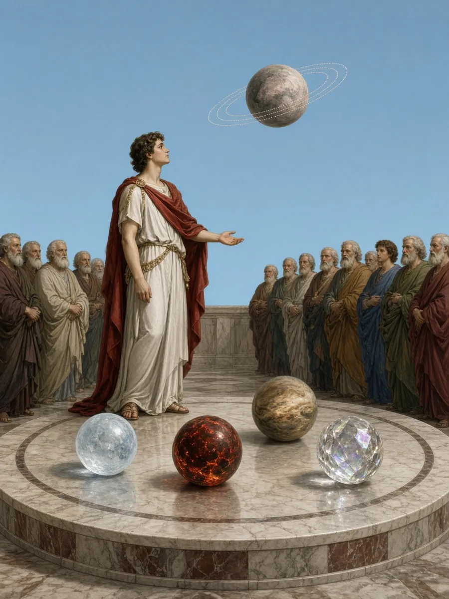 Neoclassical ritual of four planetary spheres on a marble dais