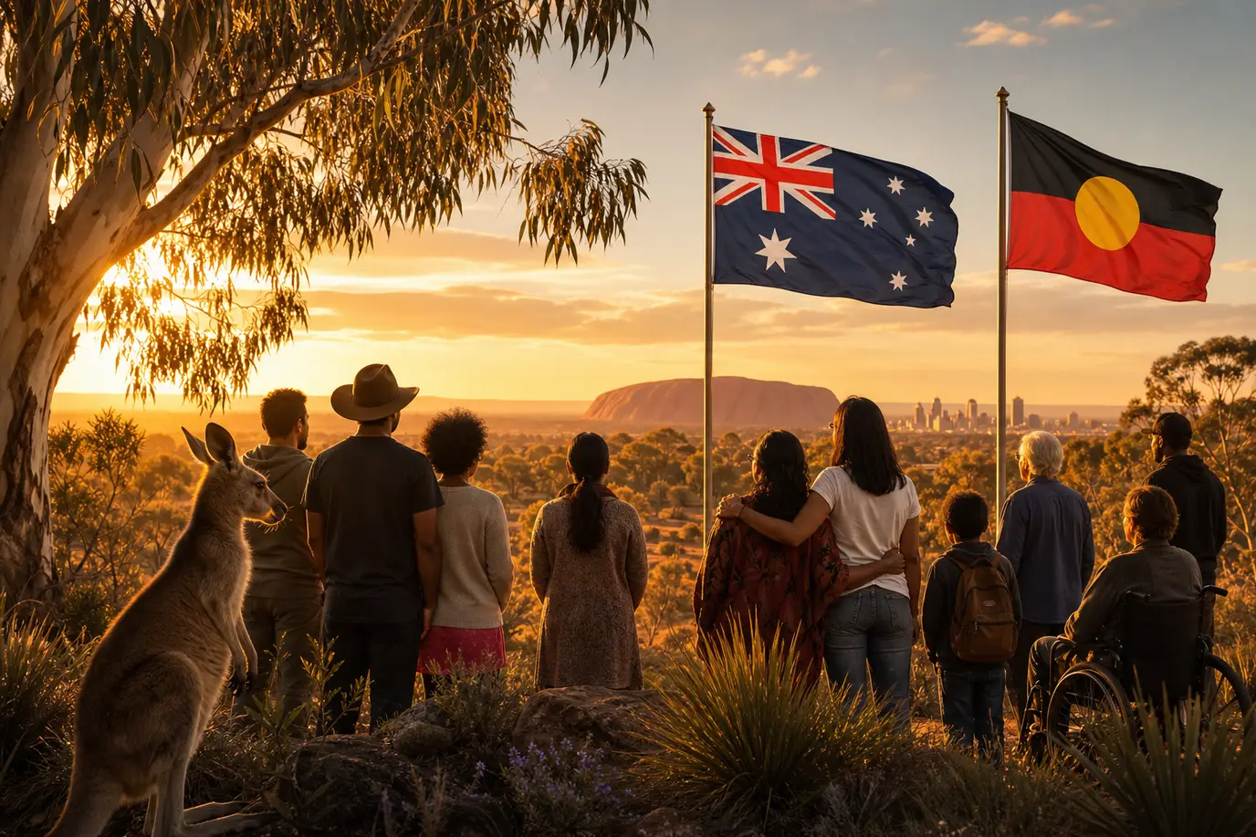 Featured art for Australia: nature, community, Australian and Aboriginal flags
