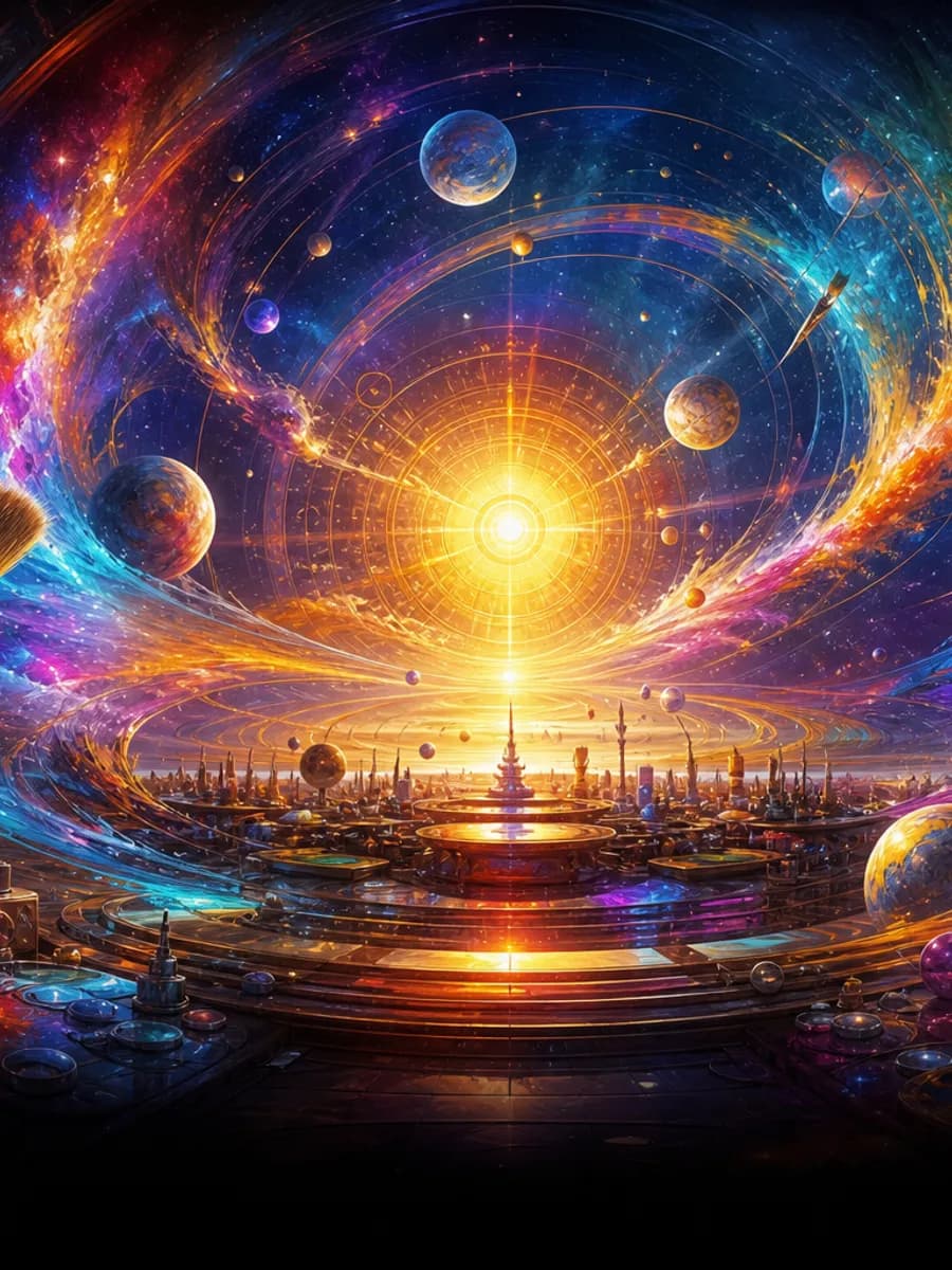 Cosmic art studio with brushes and particle fields