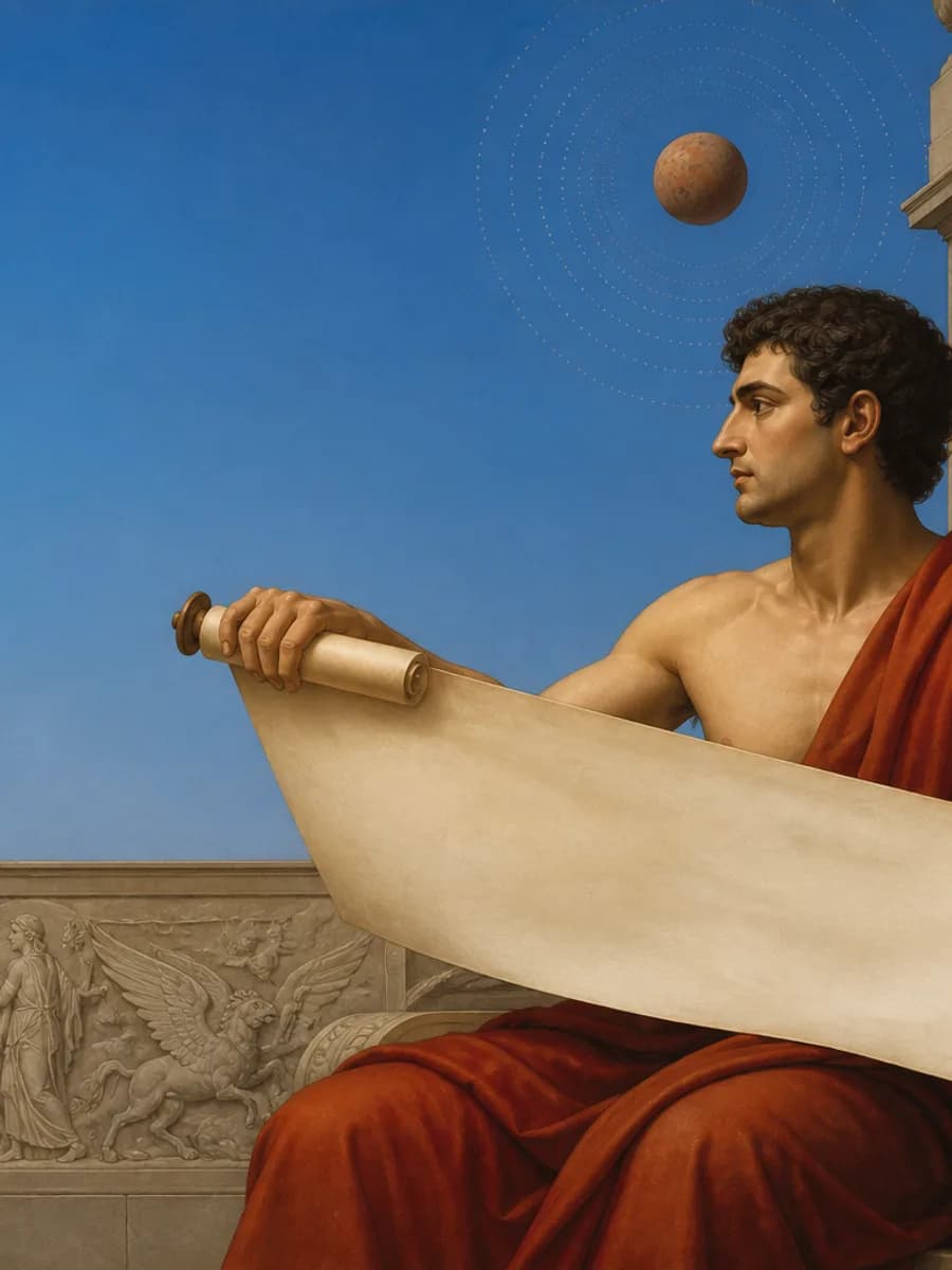 Neoclassical messenger holding a blank scroll under a small planet