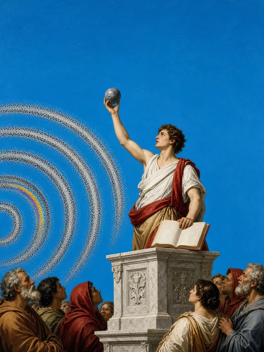 Neoclassical herald reading at a marble lectern under Mercury