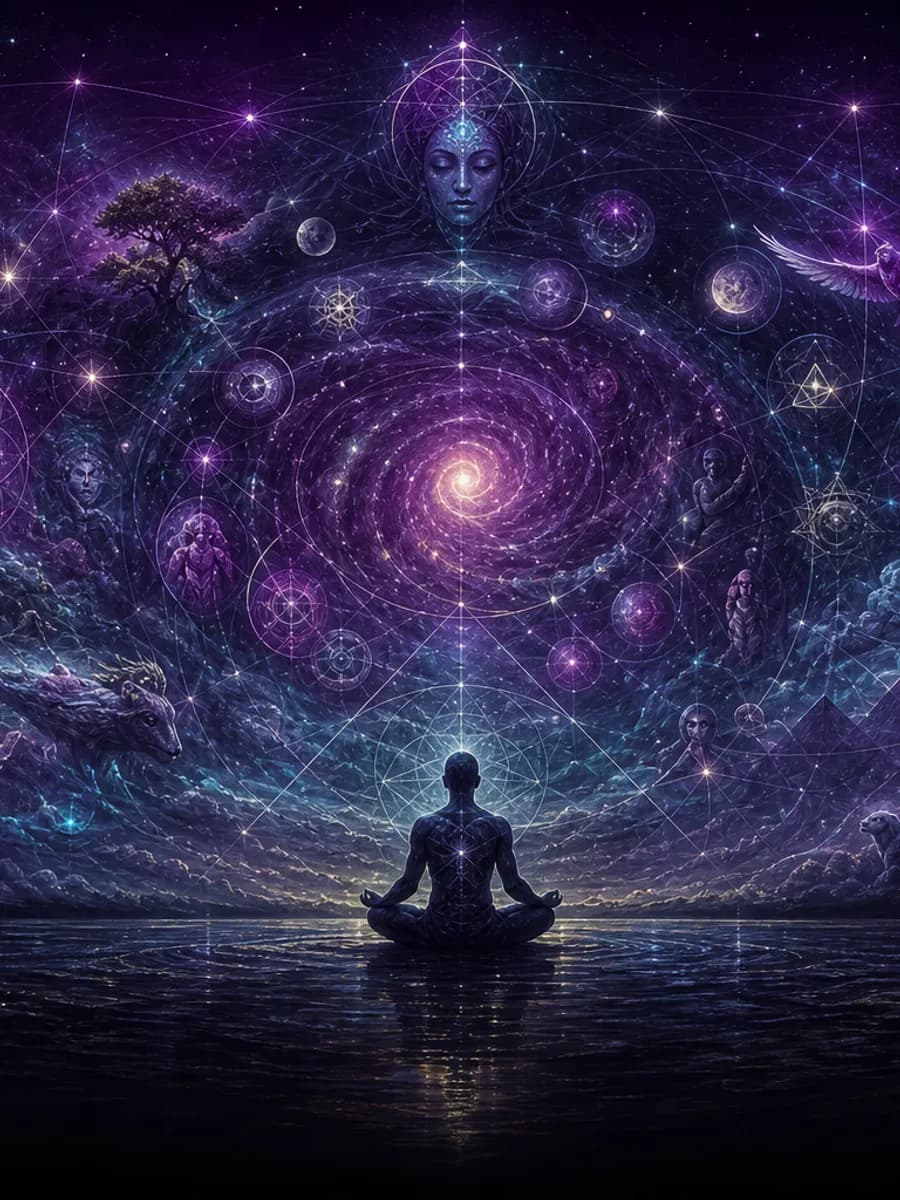 Dream pattern threads in violet and gold cosmic style