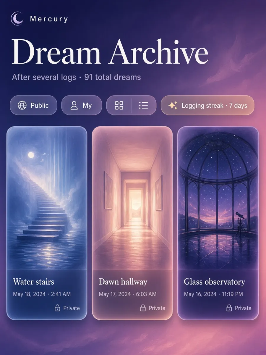 Dream Archive card grid after logging several entries in Mercury 91