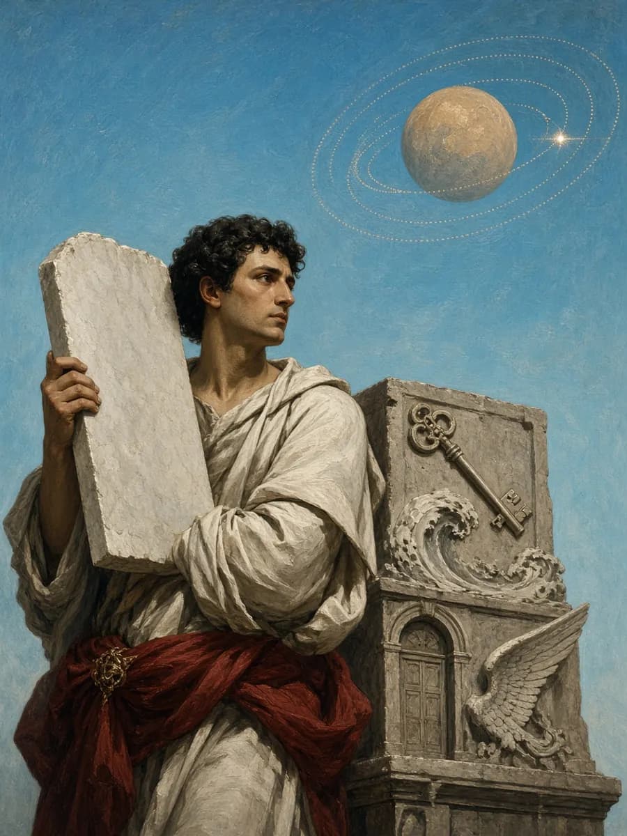 Neoclassical scholar with carved key, wave, door, and wing reliefs