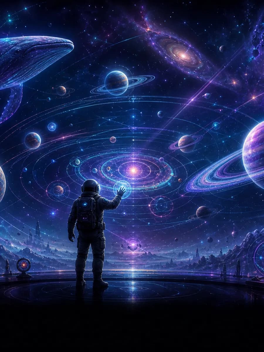 Interactive 3D universe with ringed planets and neon cosmos