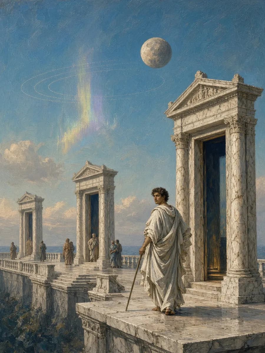 Neoclassical painting of a returning marble doorway across seasons