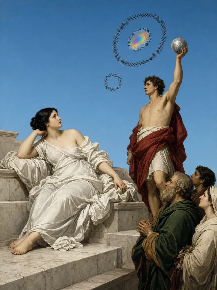 Neoclassical reclining figure under Mercury with calm broadcast rings