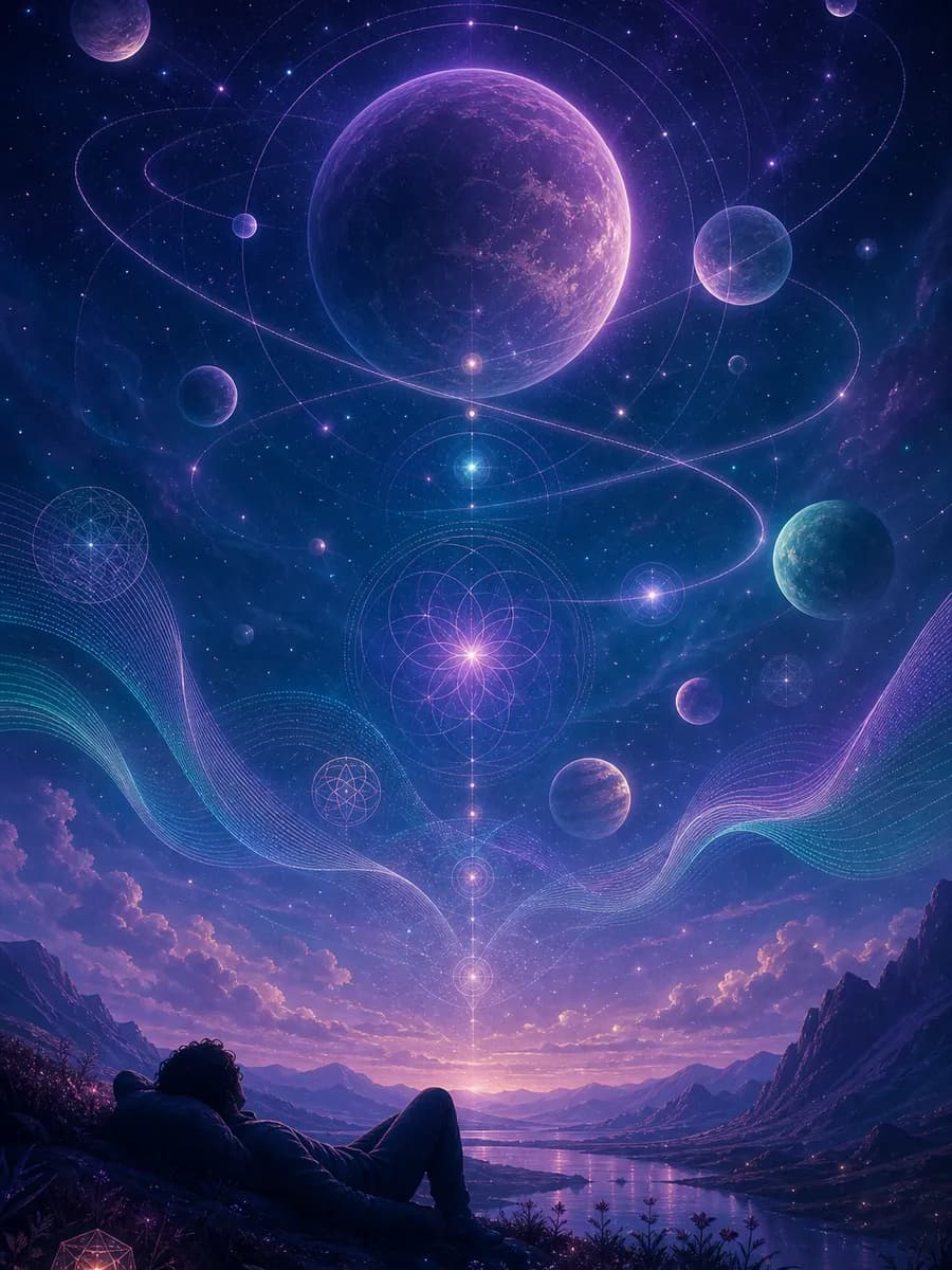 Sleep aid art with meditating figure among planets and soft night sky