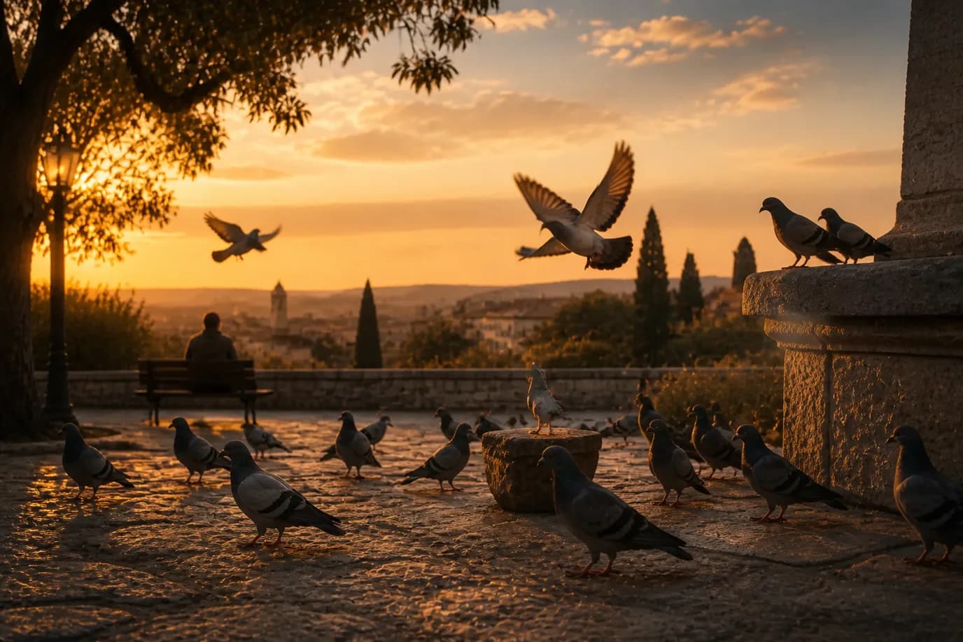 Featured art for The Sound of Pigeons: pigeons at rest on a quiet plaza at golden hour