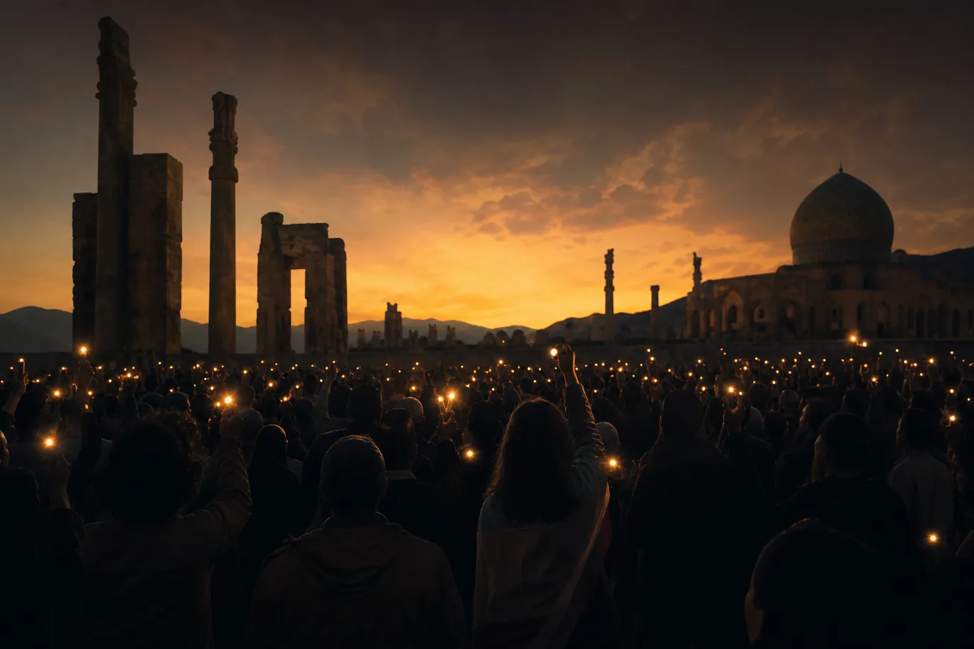 Stand With Iran — featured scene of Persian heritage and hope at dusk